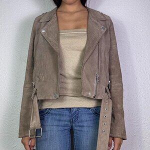 GENUINE LEATHER TAN SUEDE CROP BUCKLE JACKET